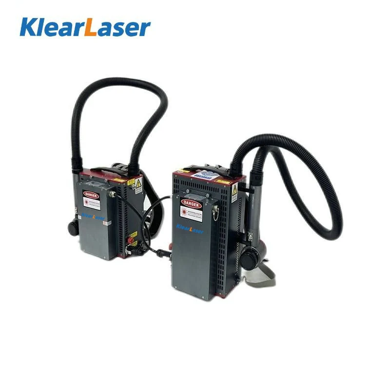 Two KlearLaser backpack laser cleaning units shown from front and side