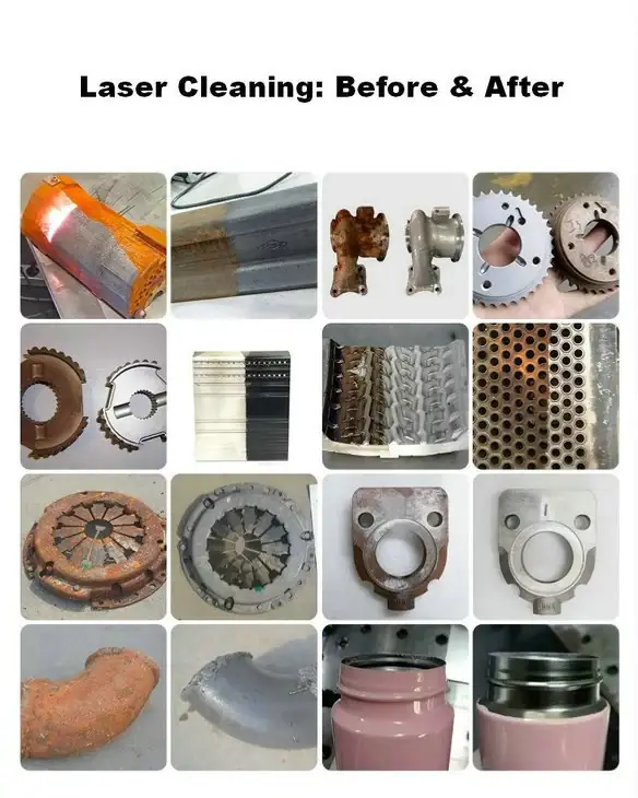 Grid of before and after results: rusted, painted and oxidised parts cleaned by laser