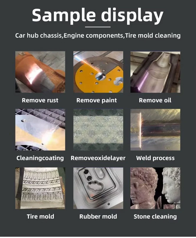 Sample display grid showing rust, paint, oil, coating and oxide removal results