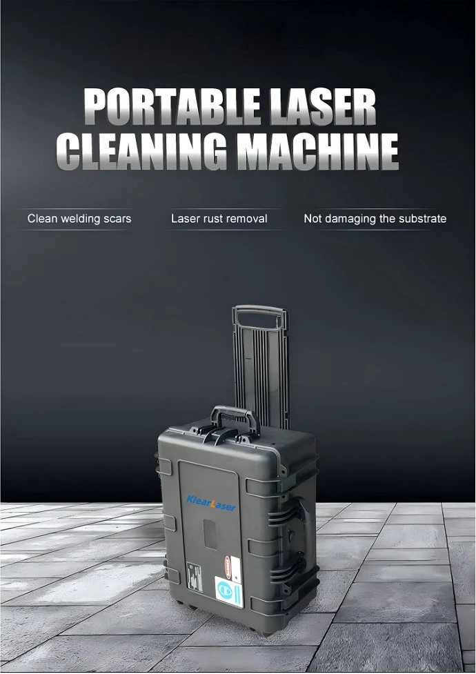 Portable suitcase laser cleaning machine standing upright with pull handle