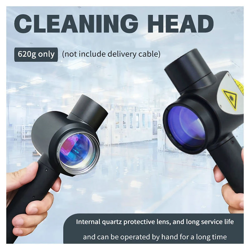 Handheld cleaning head weighing 620 g with internal quartz protective lens