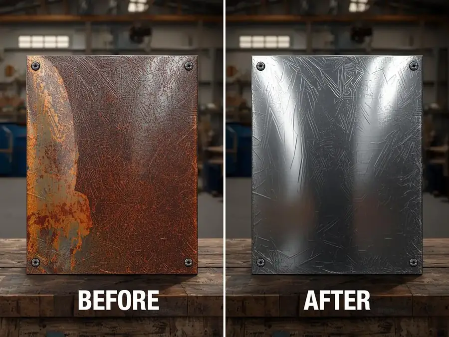 Heavily rusted steel panel before laser cleaning and the same panel bare after
