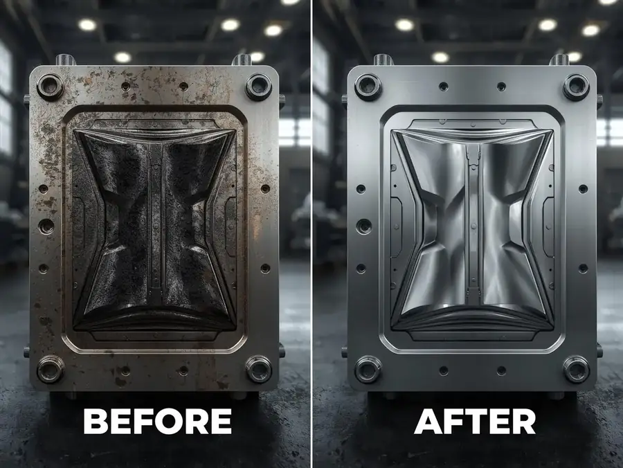 Injection mould cavity fouled with residue before laser cleaning and clean after