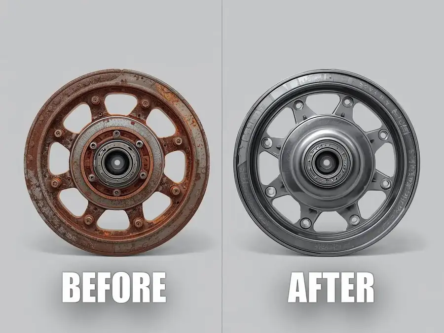 Alloy motorcycle wheel hub refinished after laser cleaning