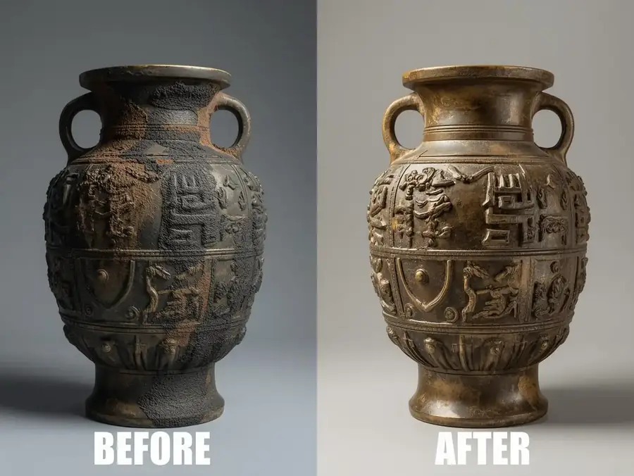 Ancient bronze artefact after selective laser removal of oxidation