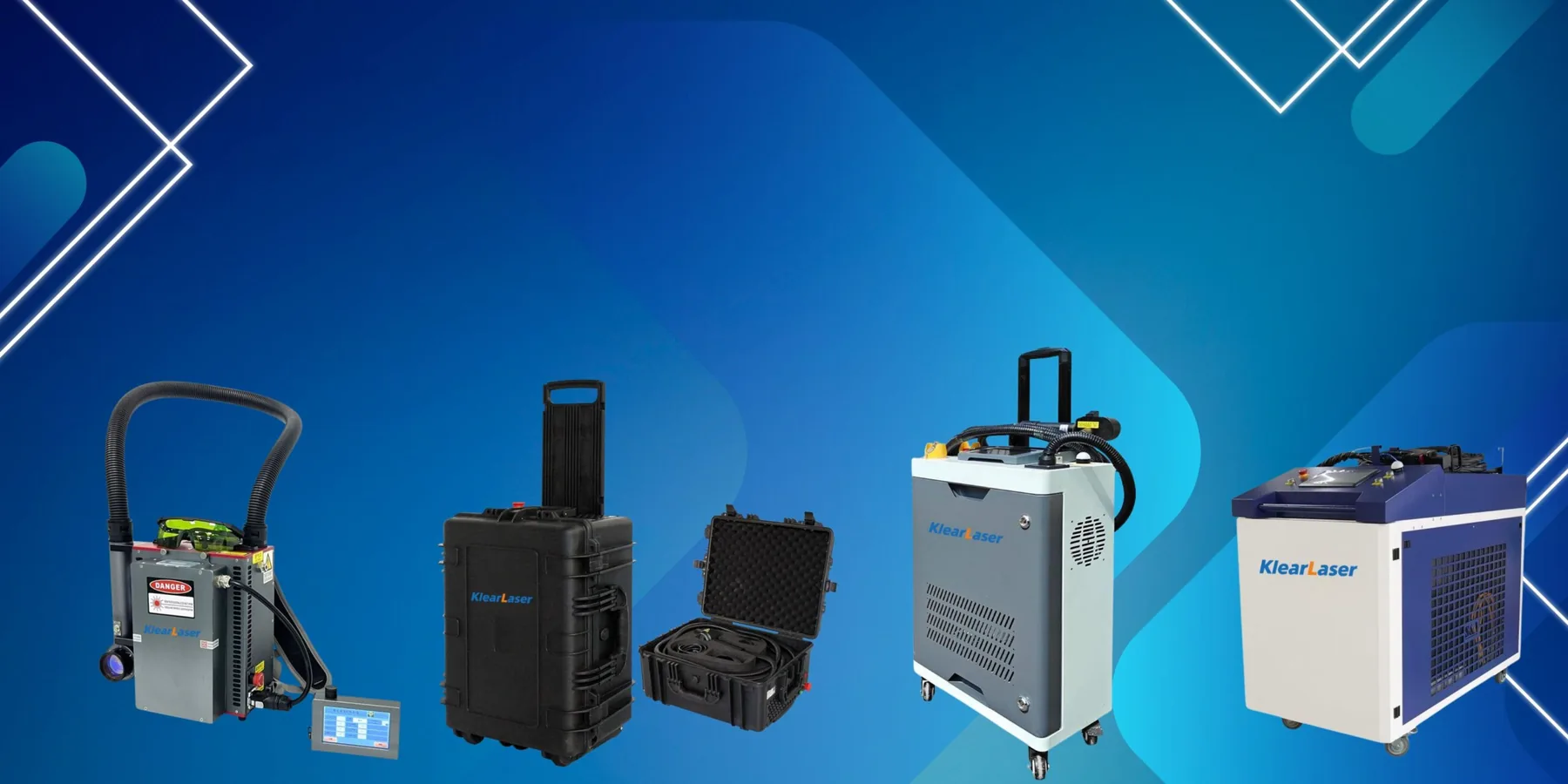 The four KlearLaser machine formats side by side: backpack, trolley, suitcase and cabinet