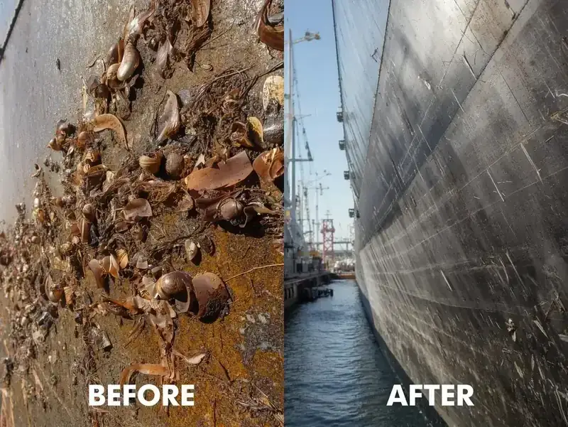 Ship hull section with marine fouling and rust before laser cleaning and clean after