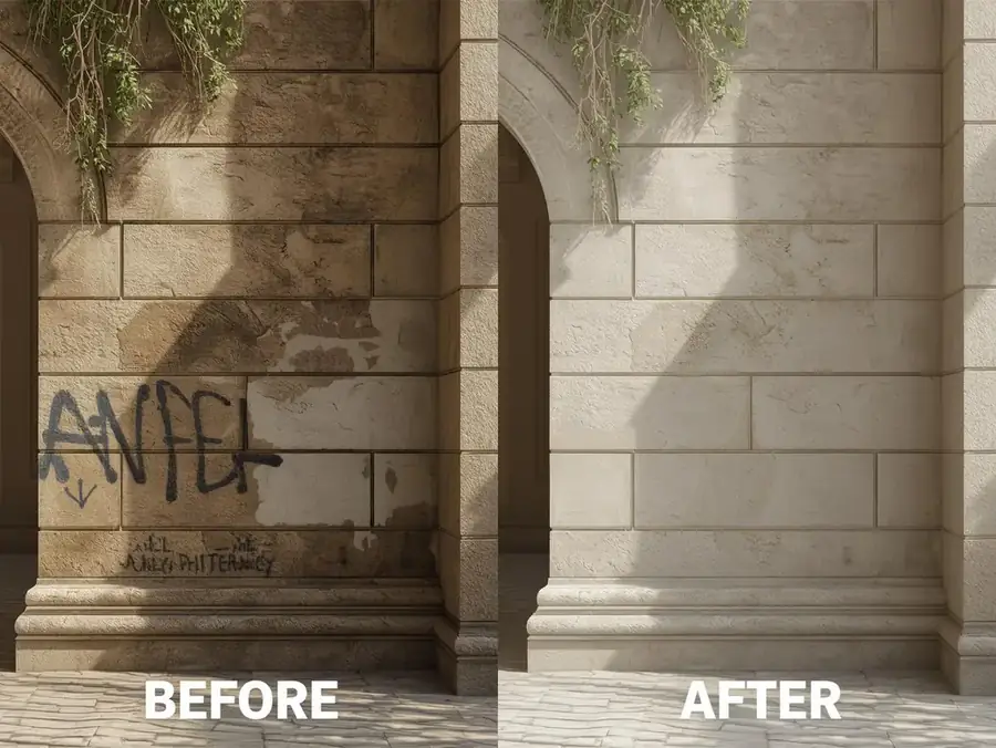 Stone facade with graffiti and weathering before laser cleaning and clean after