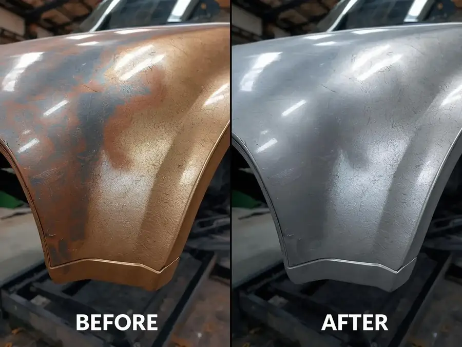 Coated metal component before laser paint stripping and the bare metal after