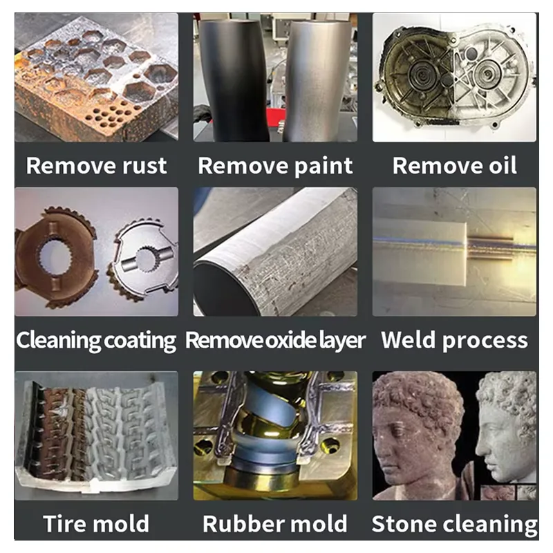 Sample results grid: rust, paint, oil, coating, oxide layer, weld, tyre mould and stone cleaning