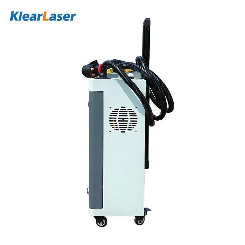 Trolley laser cleaner seen from the side with the head stowed on its bracket