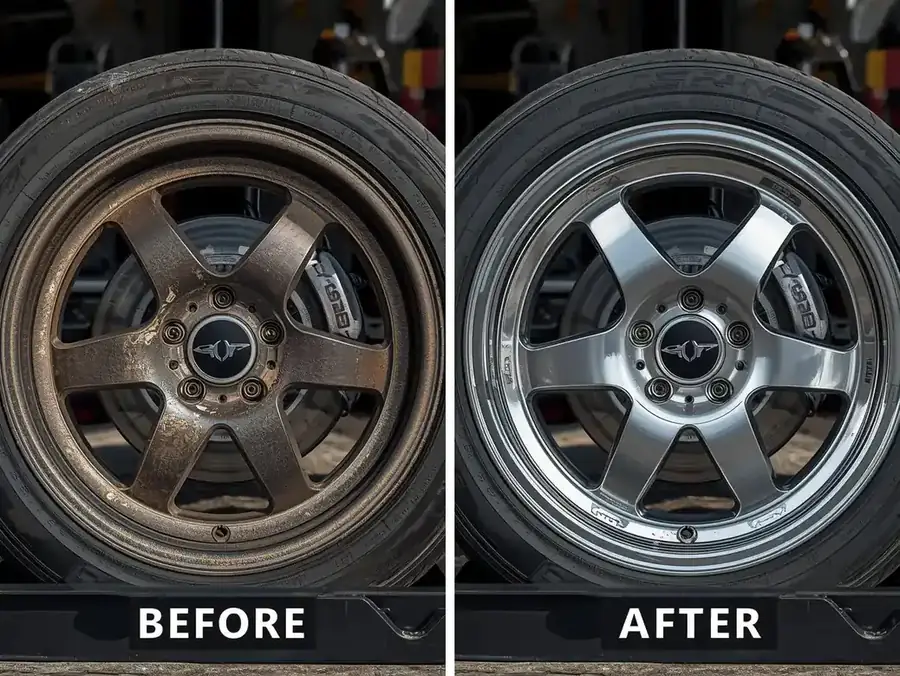 Alloy wheel hub with brake dust and corrosion before laser cleaning and polished after