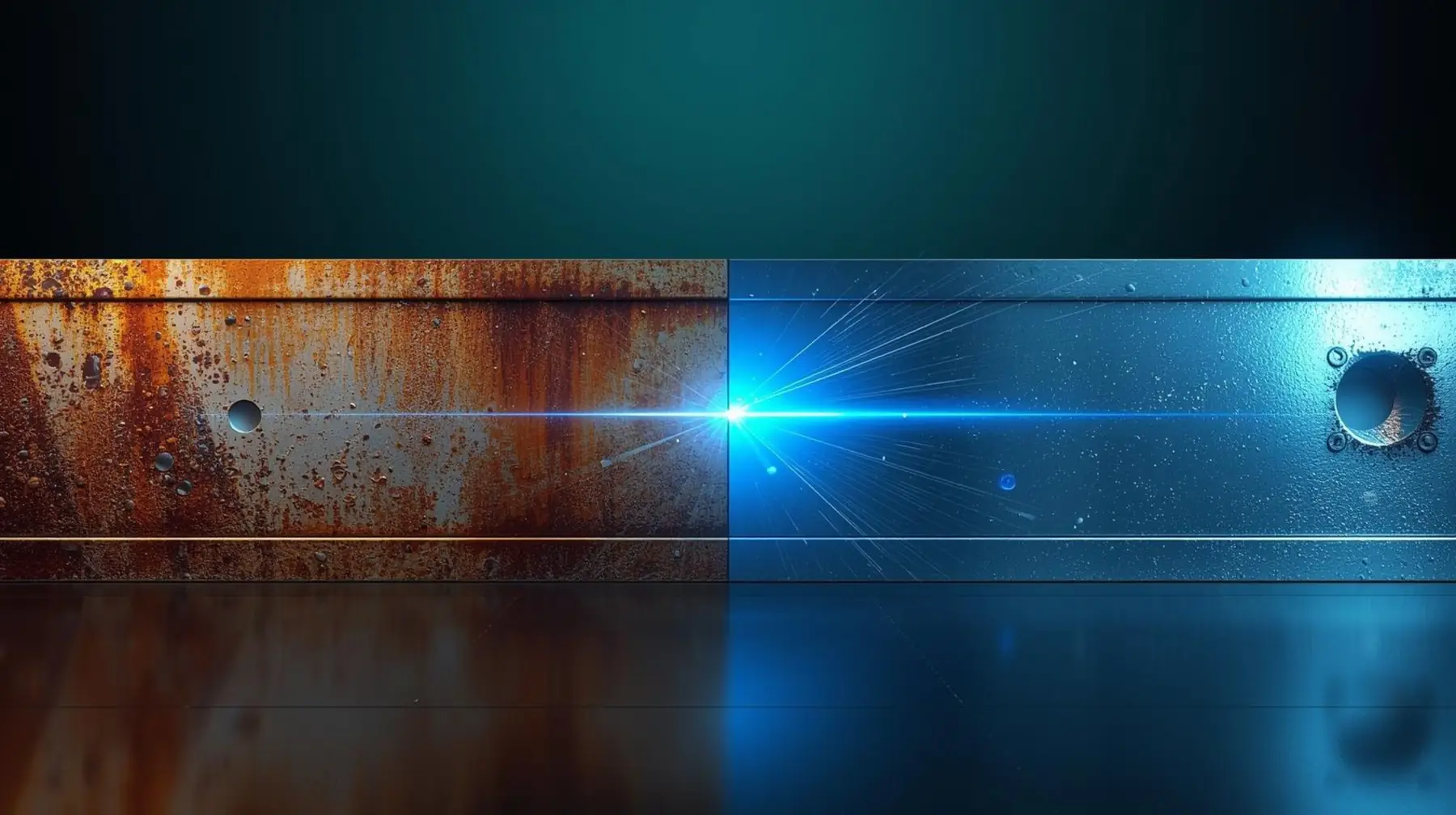 Corroded steel surface on the left, bare clean metal on the right after laser cleaning