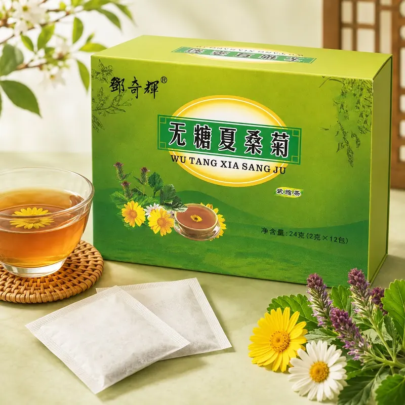 Green box of Wu Tang Xia Sang Ju herbal tea with tea sachets, a glass cup of tea, and chrysanthemum flowers on a table.