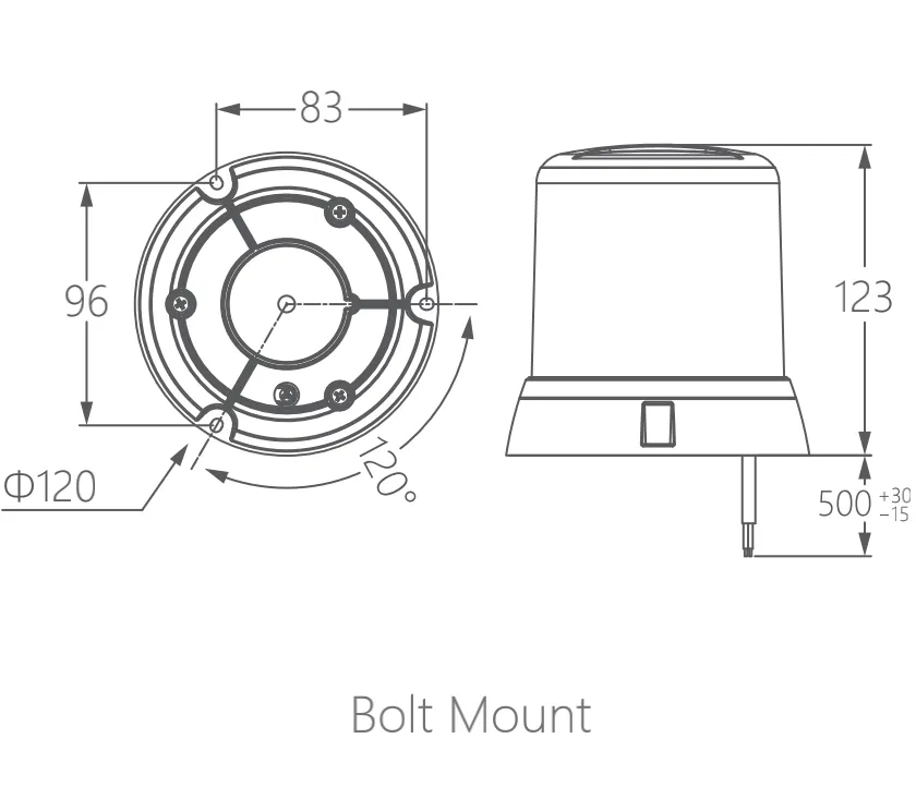 KOW82 beacon with size reference and mounting dimensions