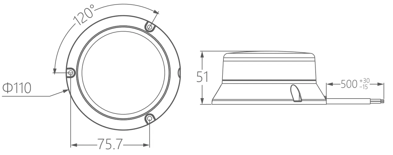 KOW93 beacon with size reference and mounting dimensions