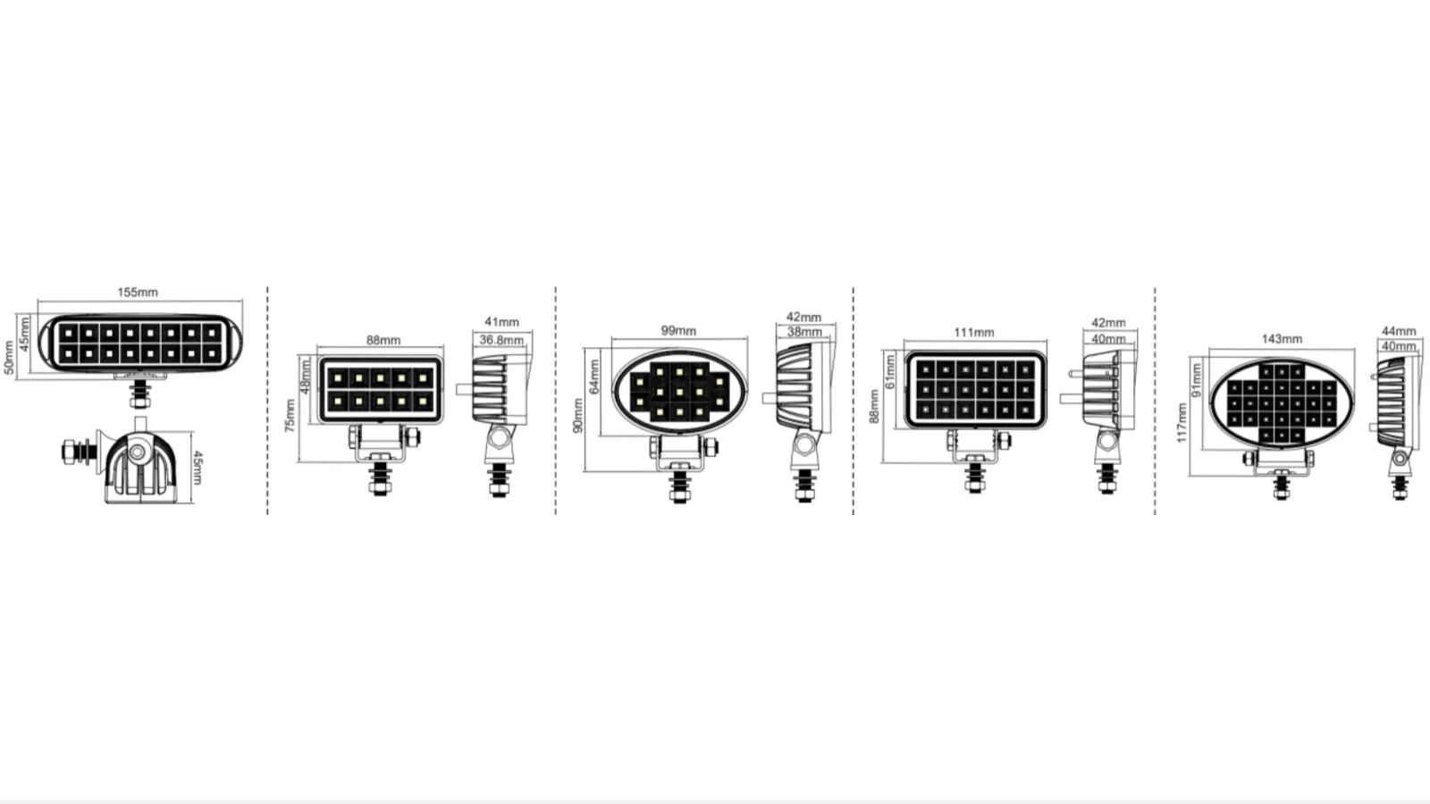 KOWK01 work light with size reference, showing dimensions and mounting holes