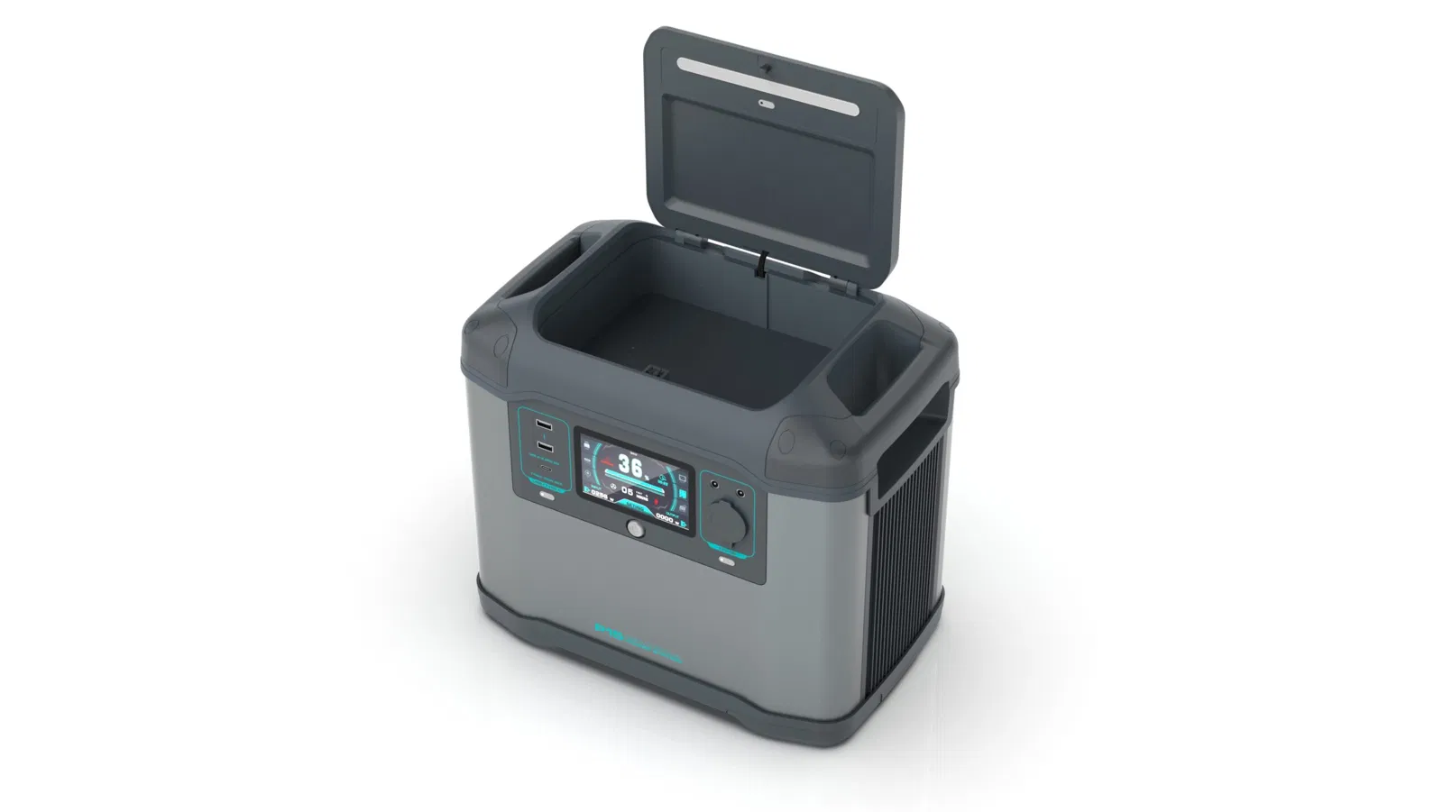 Portable power station with front panel showing display and control buttons
