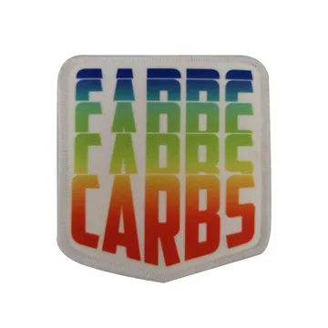 Printed shield patch with a rainbow gradient wordmark and stitched border