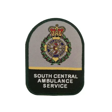 Ambulance service uniform patch with an embroidered crown and lettering