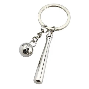 Silver metal bat and ball charm keychain on a split ring
