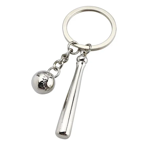 Silver metal bat and ball charm keychain on a split ring