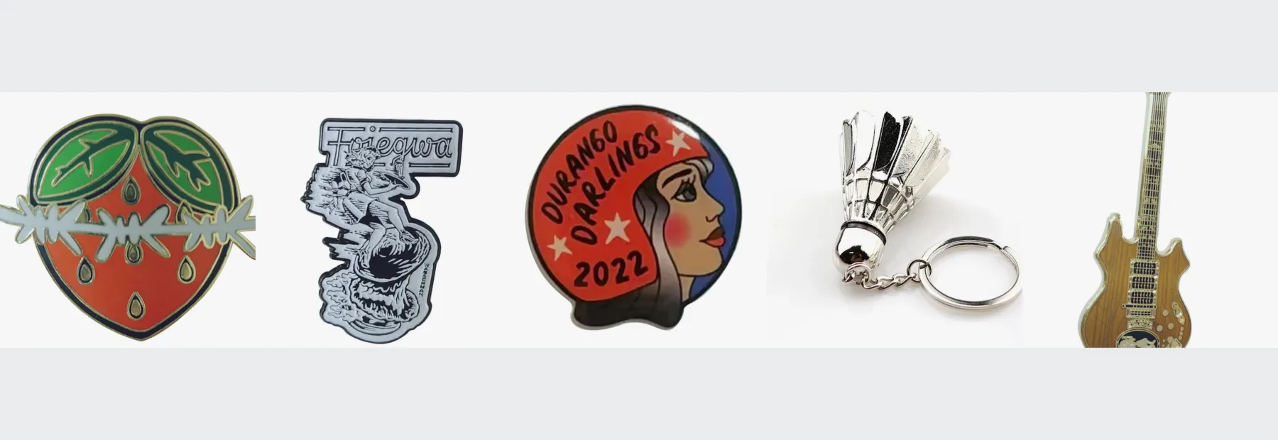 The full range of custom pins badges and keychains we produce