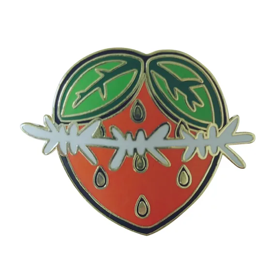 Hard enamel strawberry pin with polished gold metal lines