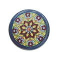 Round hard enamel medallion pin with a blue and yellow mandala pattern