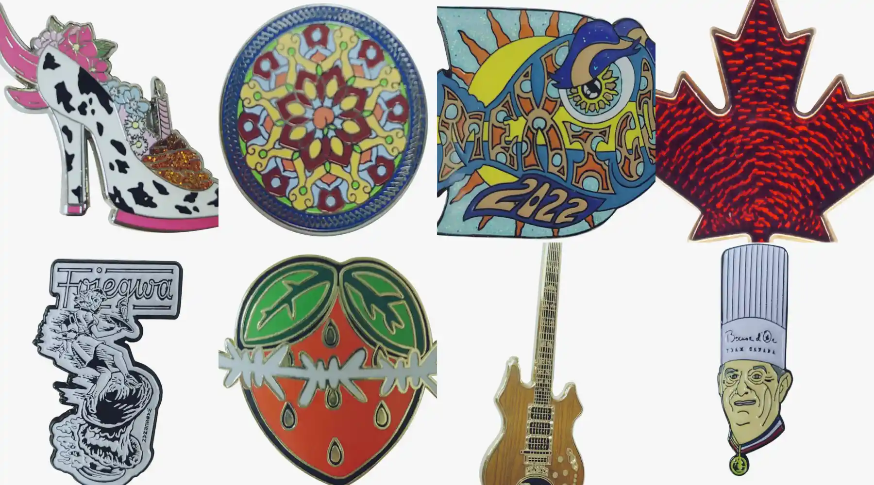 A wall of finished custom enamel lapel pins made to customer artwork