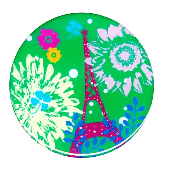 Round printed pocket mirror with a pink Eiffel Tower and flower motif