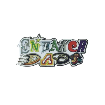 Silkscreen printed lapel pin with multicoloured lettering and raised metal outlines