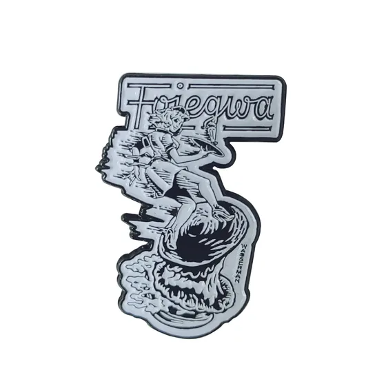 Soft enamel surf pin in black and white with raised metal outlines