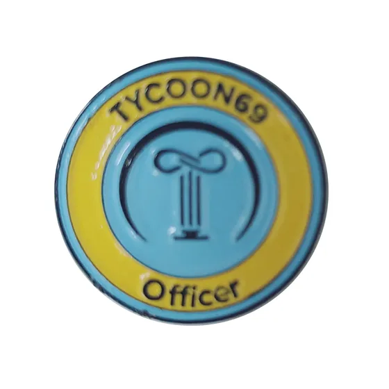 Round soft enamel officer pin in blue and yellow with raised lettering
