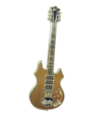 Transparent enamel guitar pin showing wood grain through the colour