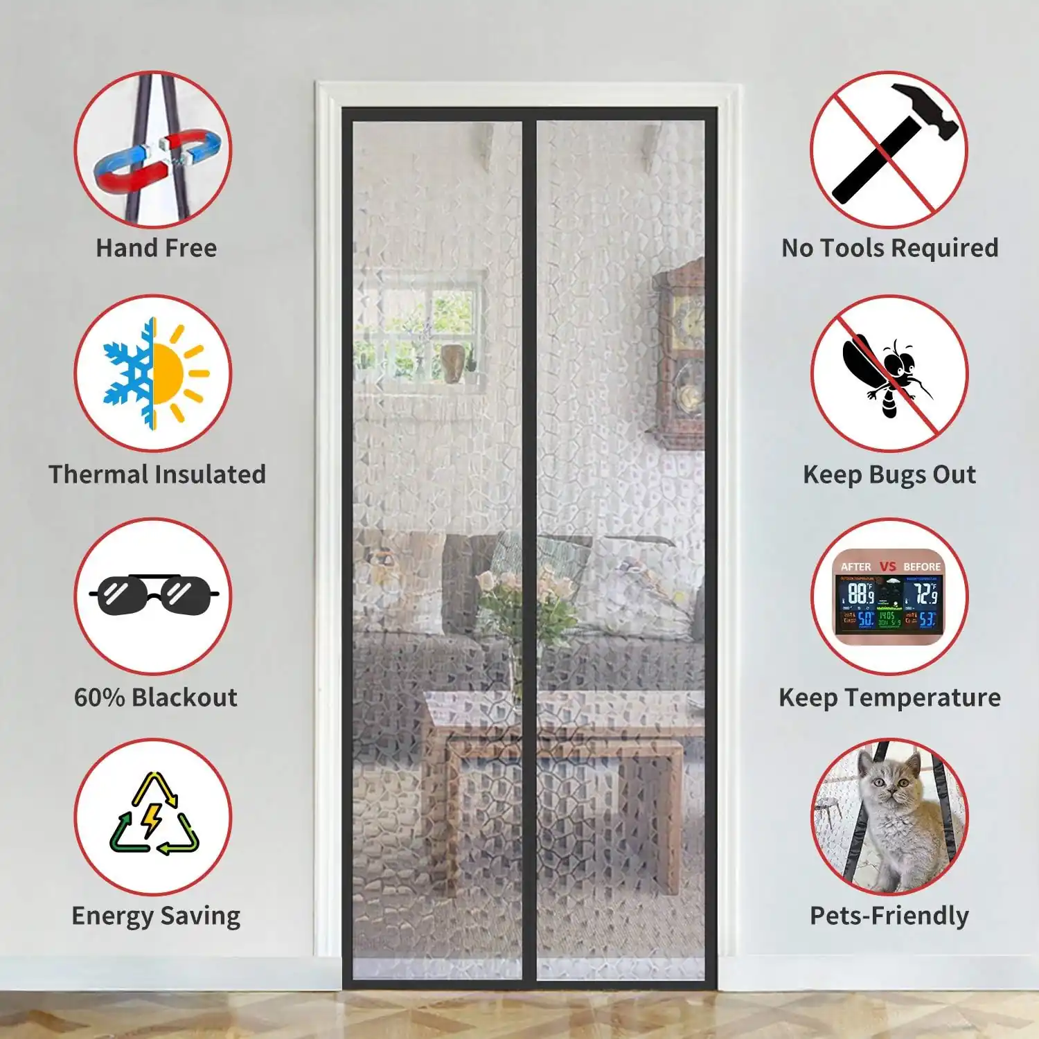 Magnetic Thermal Insulated Door Curtain - KDMP102, alternate angle