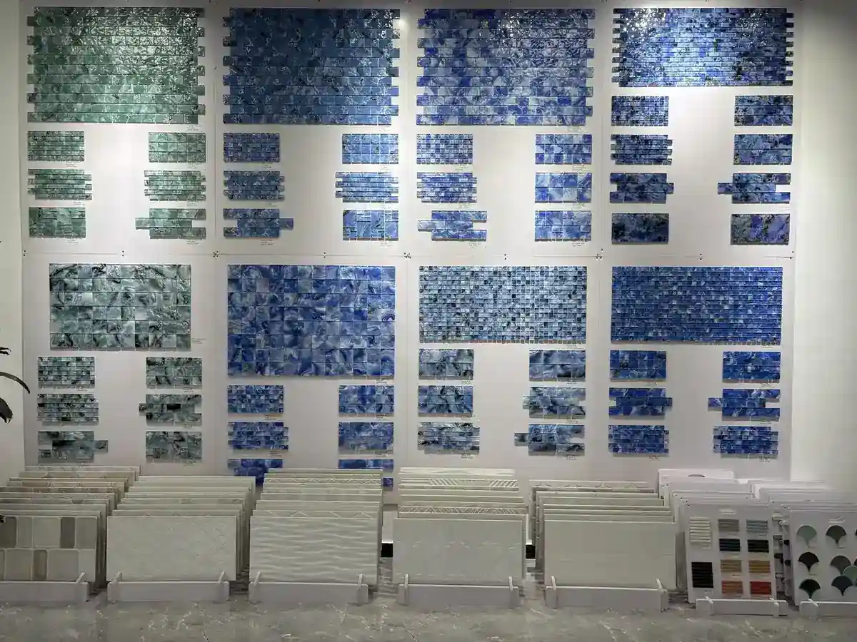 Blue glass mosaic panels displayed on the wall of the LSDECO showroom in Foshan
