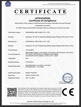 LAN cable attestation of compliance certificate issued by HKTC to LANP CABLE