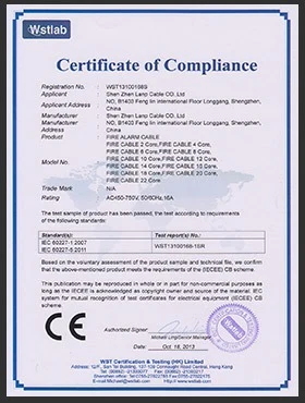 CE certificate of compliance for LANP CABLE fire alarm cable range
