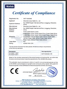 CE certificate of compliance for LANP CABLE power cable range