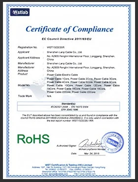 RoHS certificate of compliance for LANP CABLE power cable range