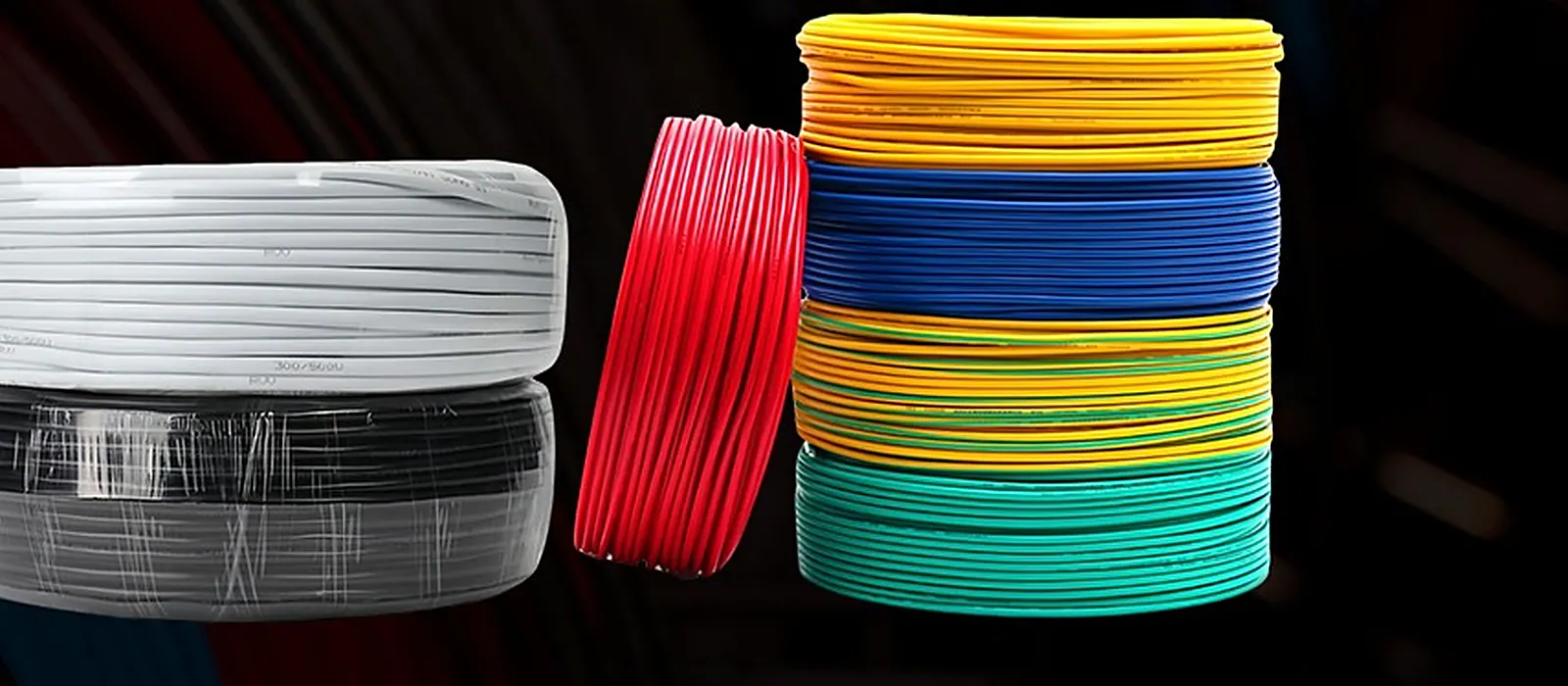 Coils of LANP single core and flat electrical cable in white, black, red, yellow, blue and green