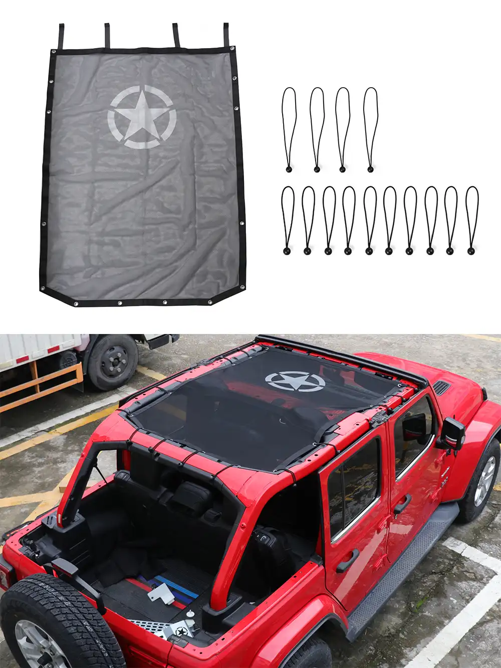 JL1320, 4-door Roof Sunshade Net Five-star Pattern Style Polyester Jeep JL Wrangler 2018+ 2.0L