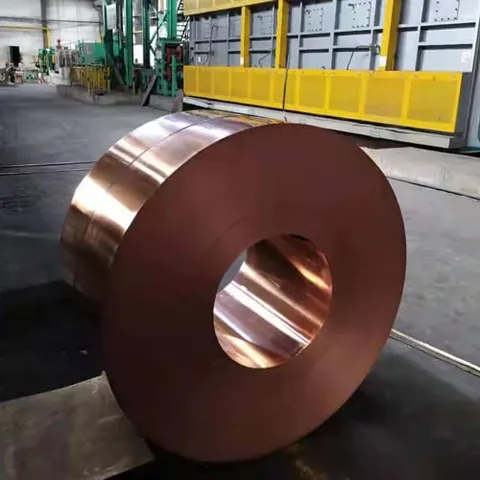 Copper foil roll mounted upright on the factory floor