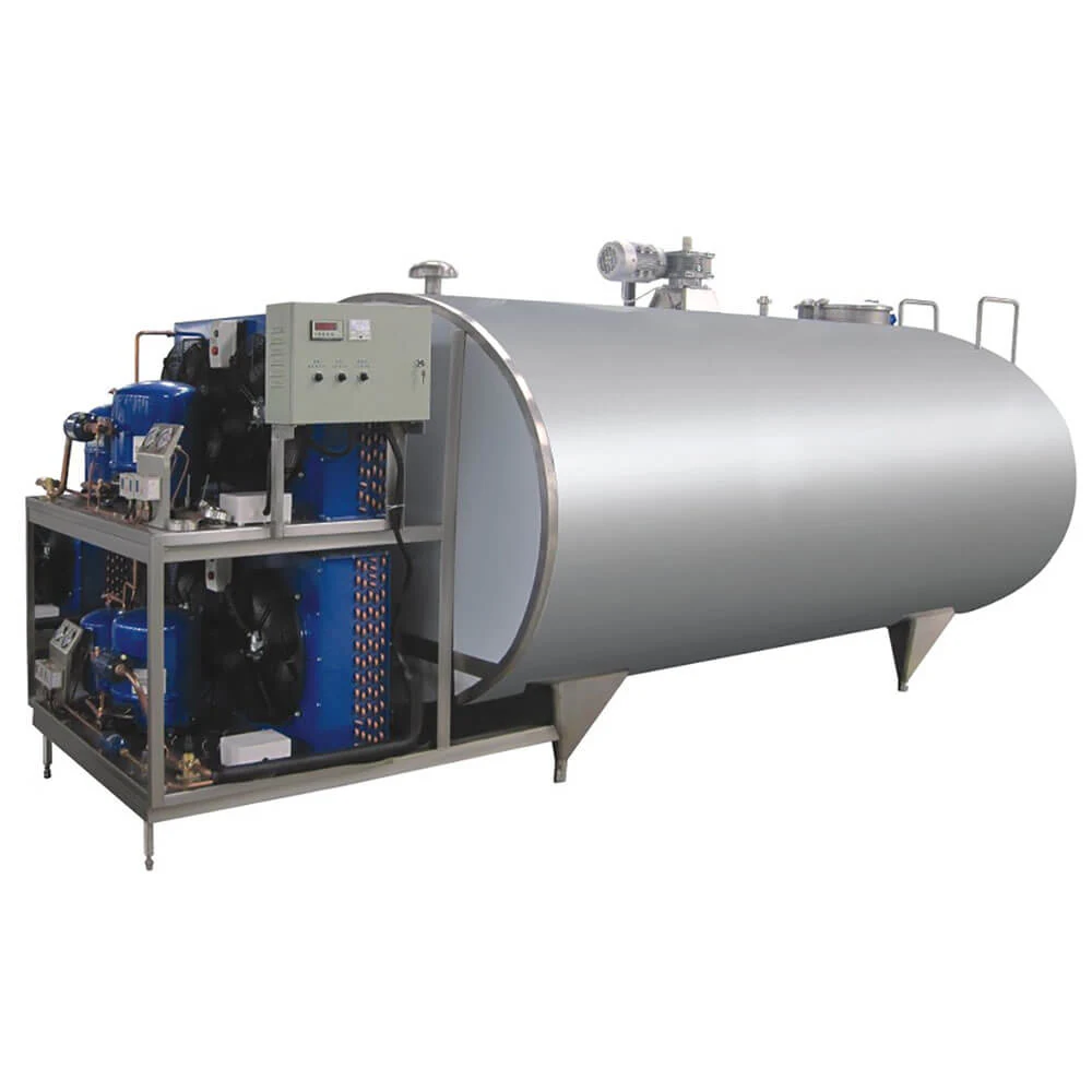 Horizontal milk cooling tank in stainless steel with refrigeration unit attached
