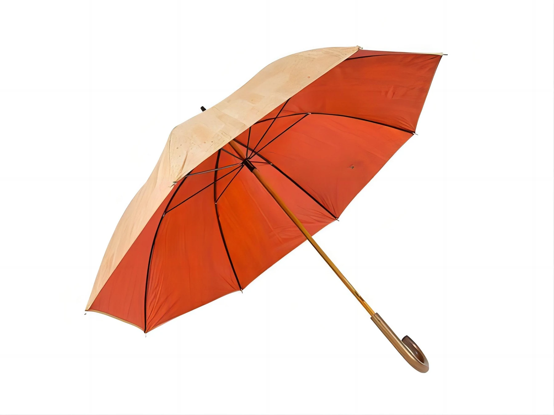 Cork canopy umbrella with an orange lining and curved wooden handle, shown open
