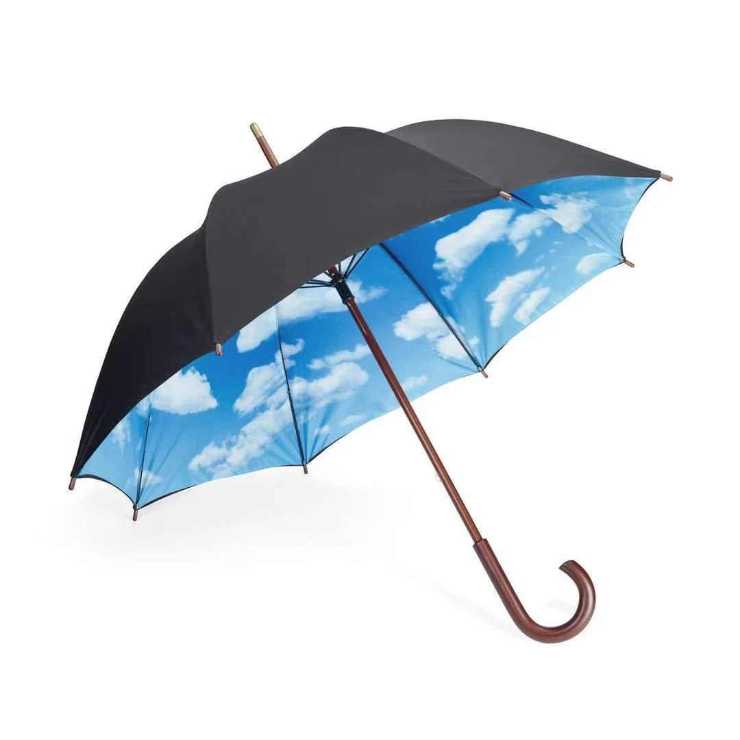 Auto open double layer city umbrella with a light canopy, wooden shaft and wooden handle