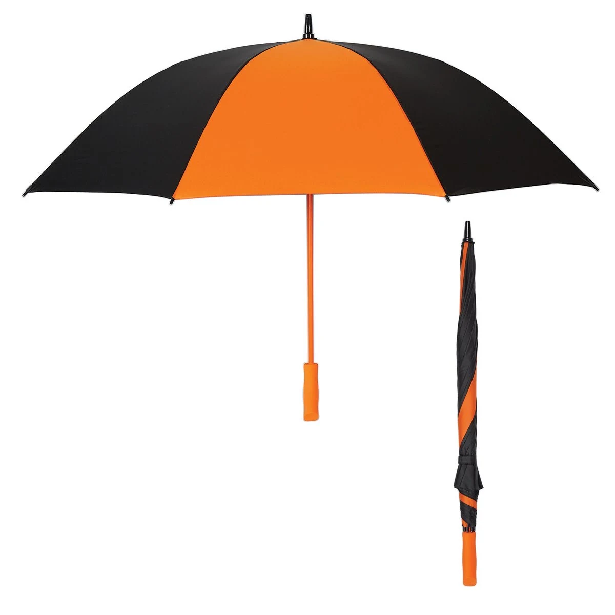Manual open golf umbrella with alternating black and orange panels, orange shaft and matching orange handle