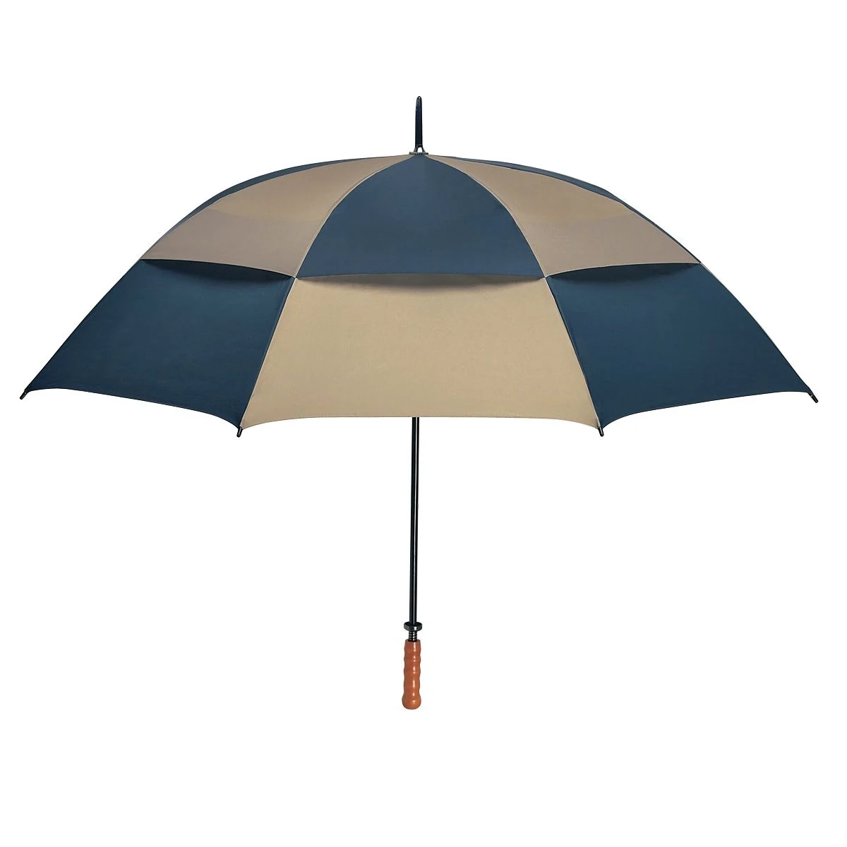 Navy and tan vented golf umbrella with a wooden handle, open against a white background