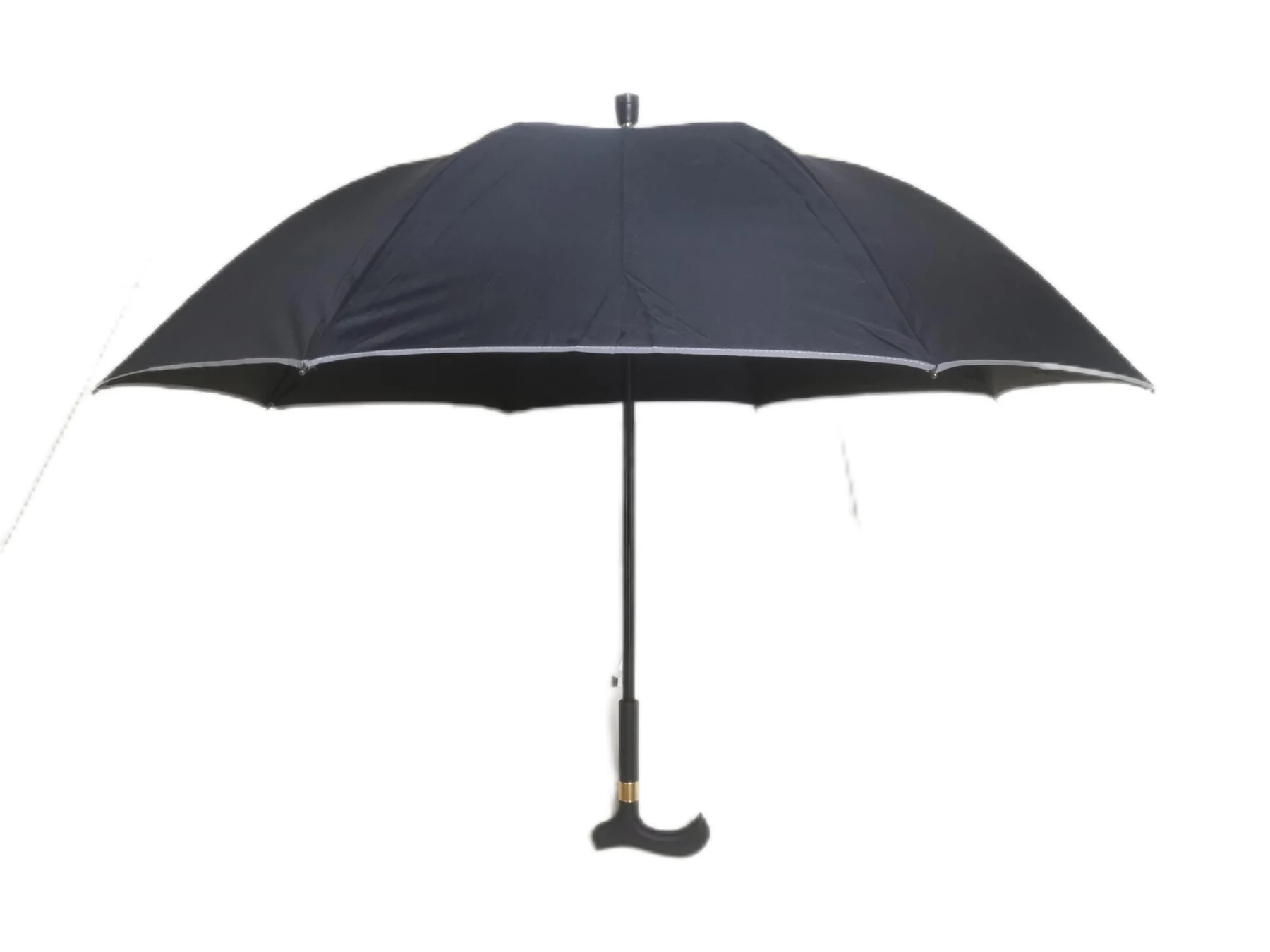 Black 23 inch walking stick umbrella opened, showing a reflective edge strip and a crook-shaped support handle